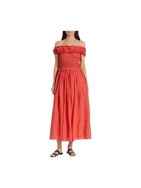 SEA Frida Red Ruffled Off-the-Shoulder Midi Dress Size Small